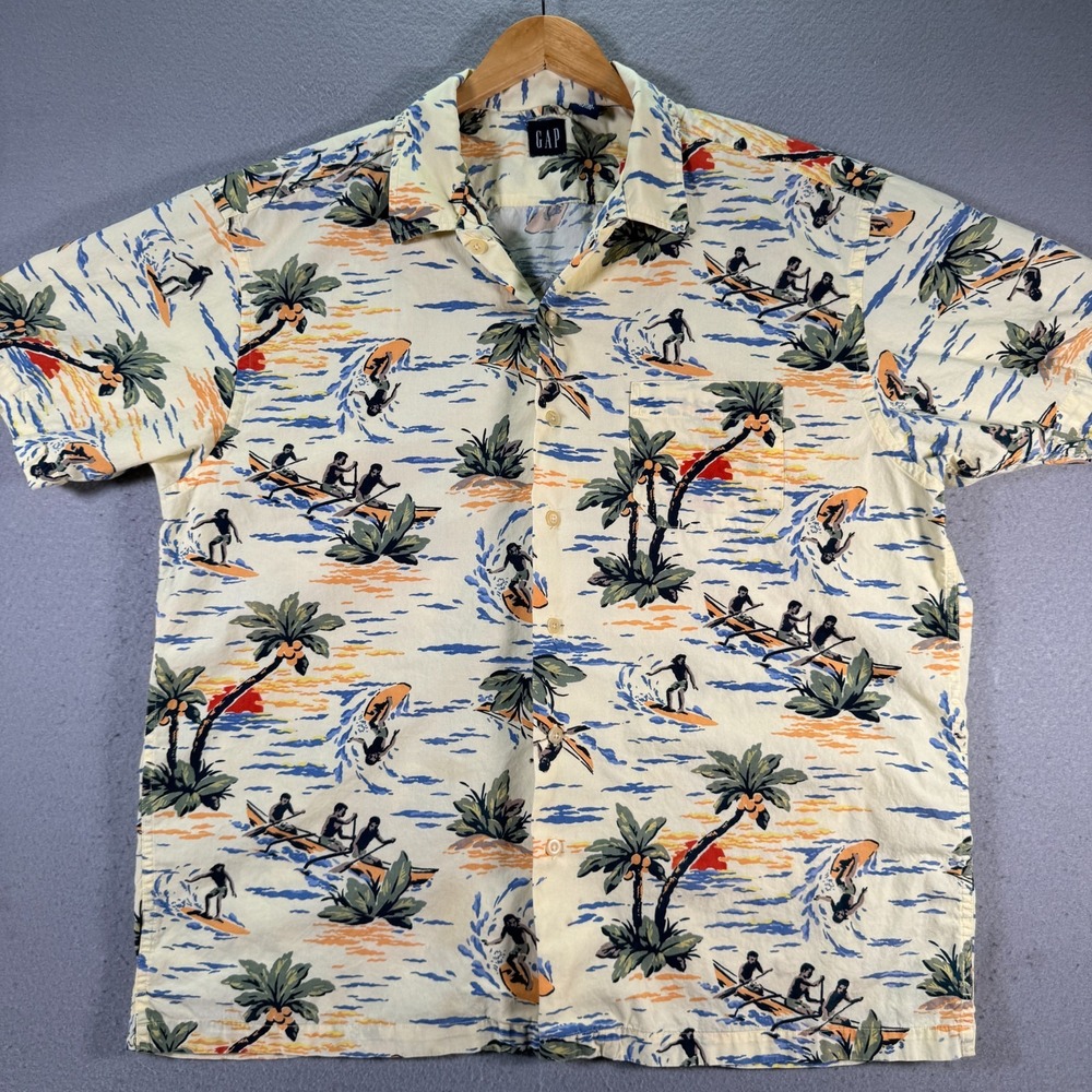 Vintage Gap Hawaiian Button‎ Up Shirt Mens XL Yellow Surf Beach Island Aloha 90s